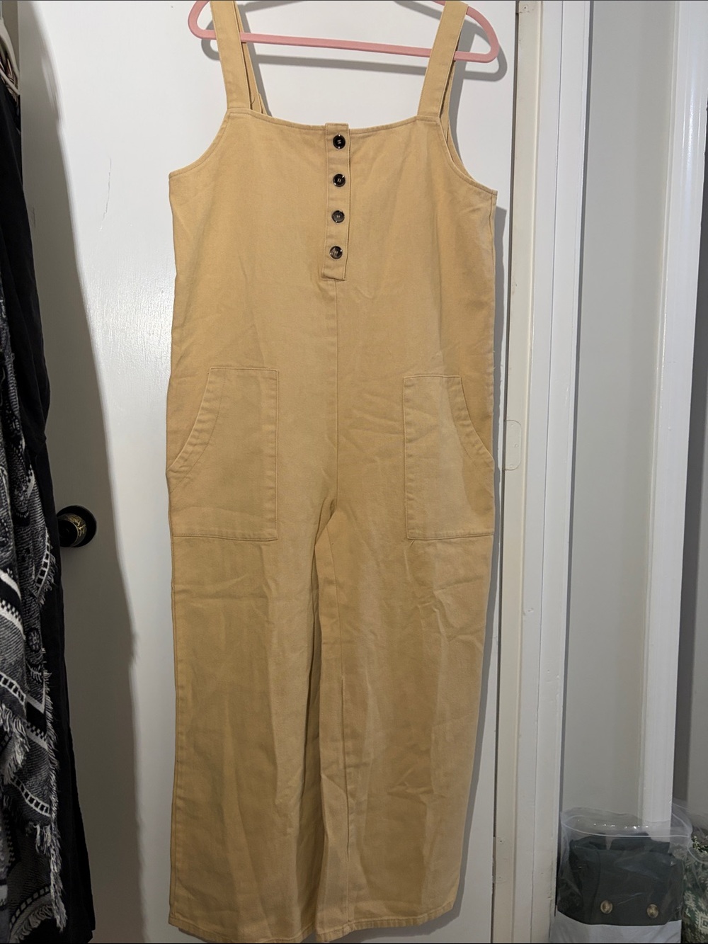 BiBi Tan Button-Front Wide-Leg Jumpsuit